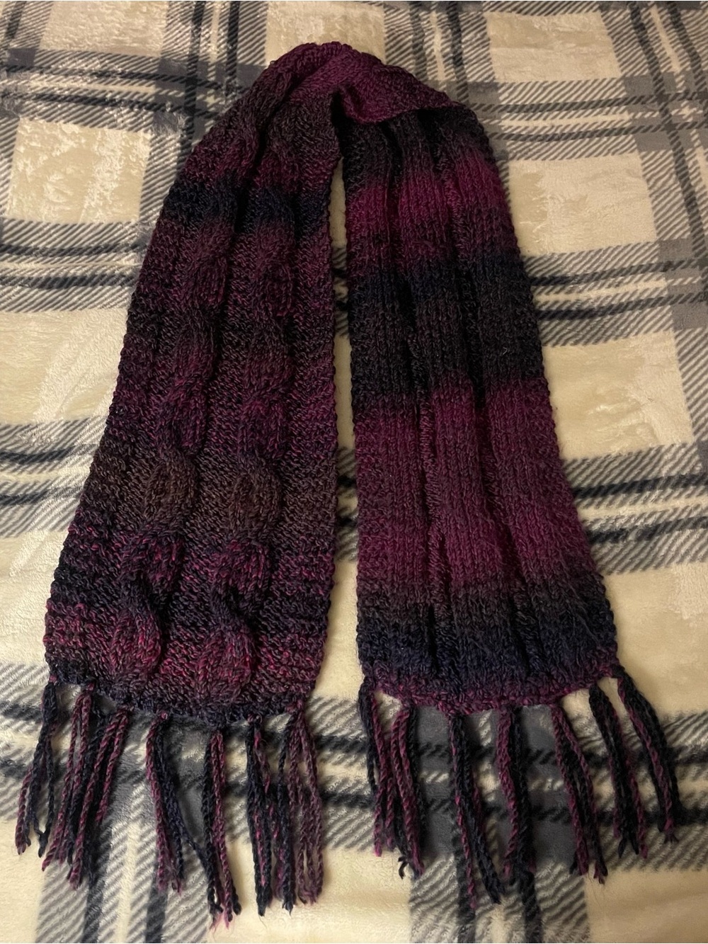 Hand-Knit Ombre Plum & Black Cable Scarf